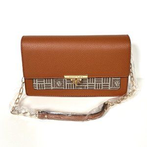 Anne Klein Brown Logo Flap Shoulder Purse with Gold Accents